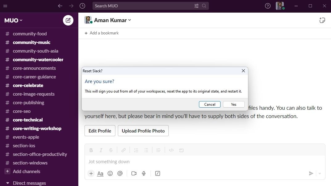Tùy chọn Có để đặt lại dữ liệu Slack