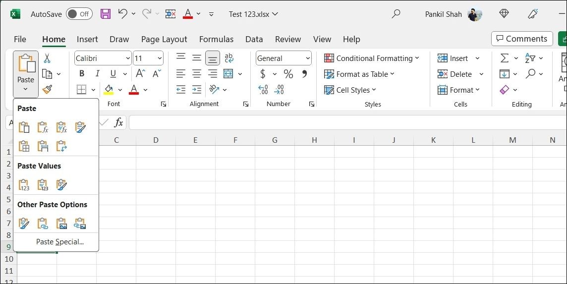 Tùy chọn dán trong Excel
