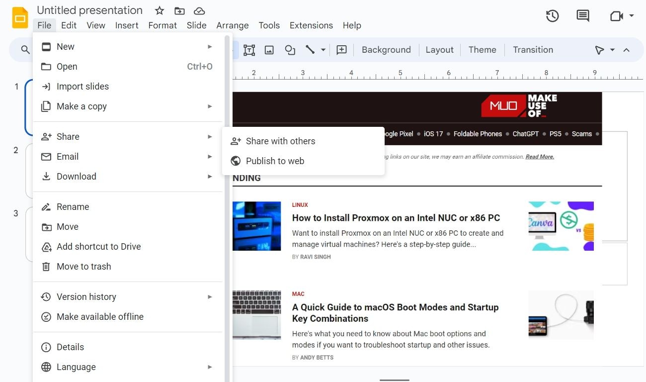 Tùy chọn đăng tải lên web trong Google Slides