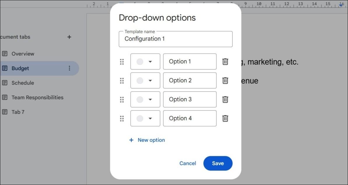 Tùy chọn danh sách thả xuống trong Google Docs