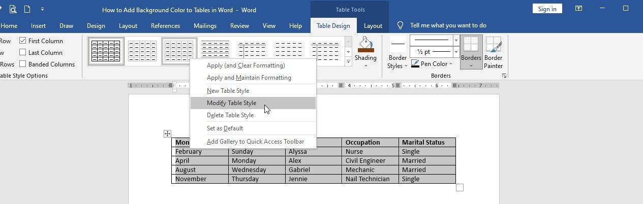 Tùy chọn định dạng cho Table Styles