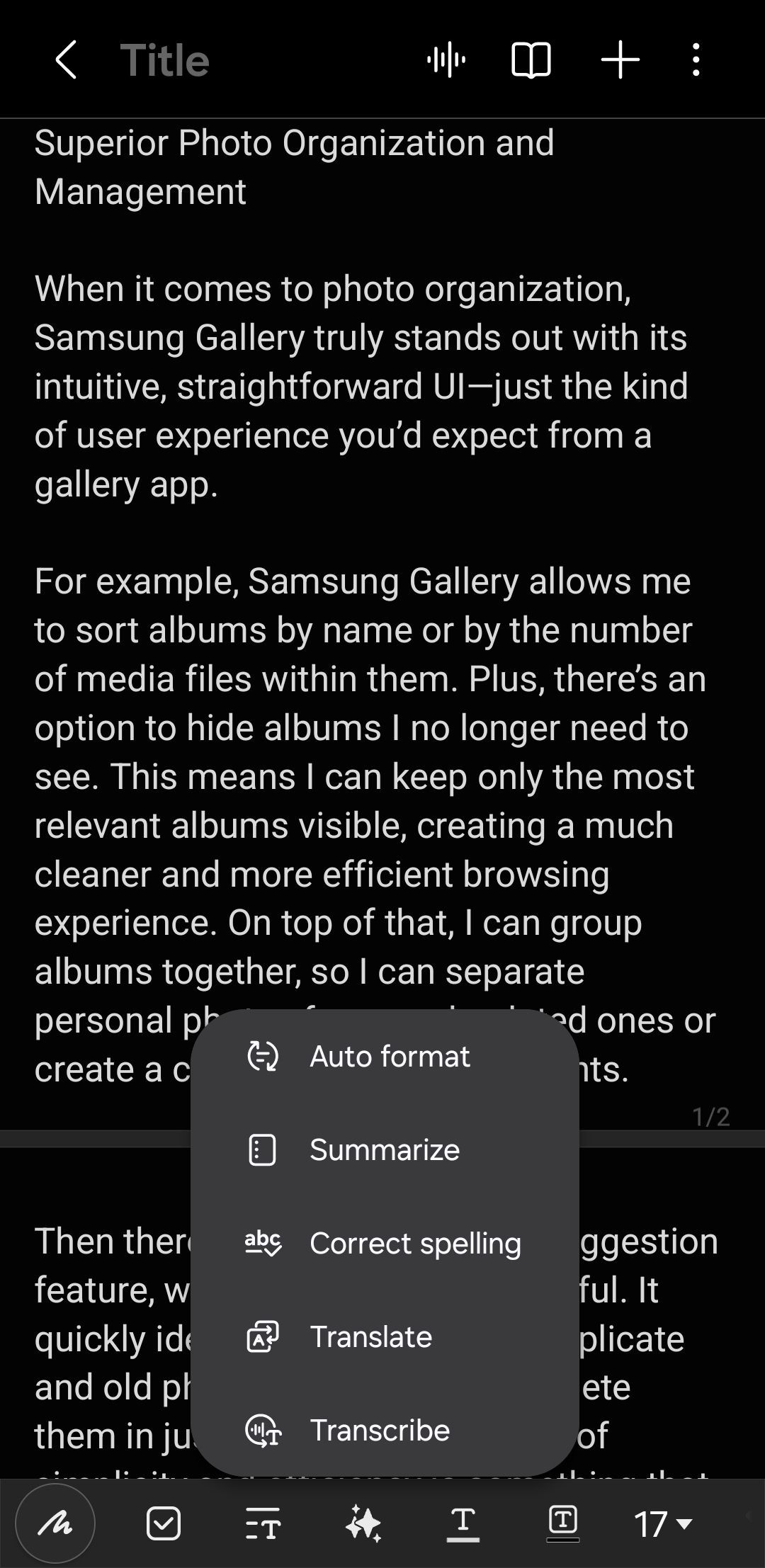 Tùy chọn định dạng tự động trong ứng dụng Samsung Notes