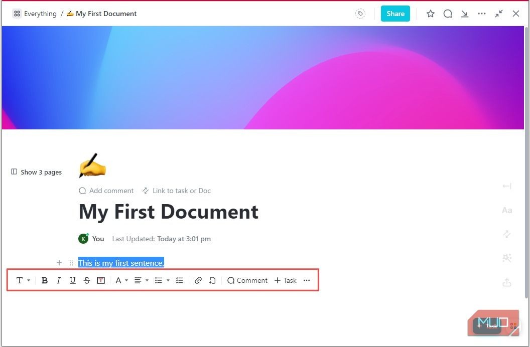Tùy chọn định dạng văn bản nội tuyến trong ClickUp Docs