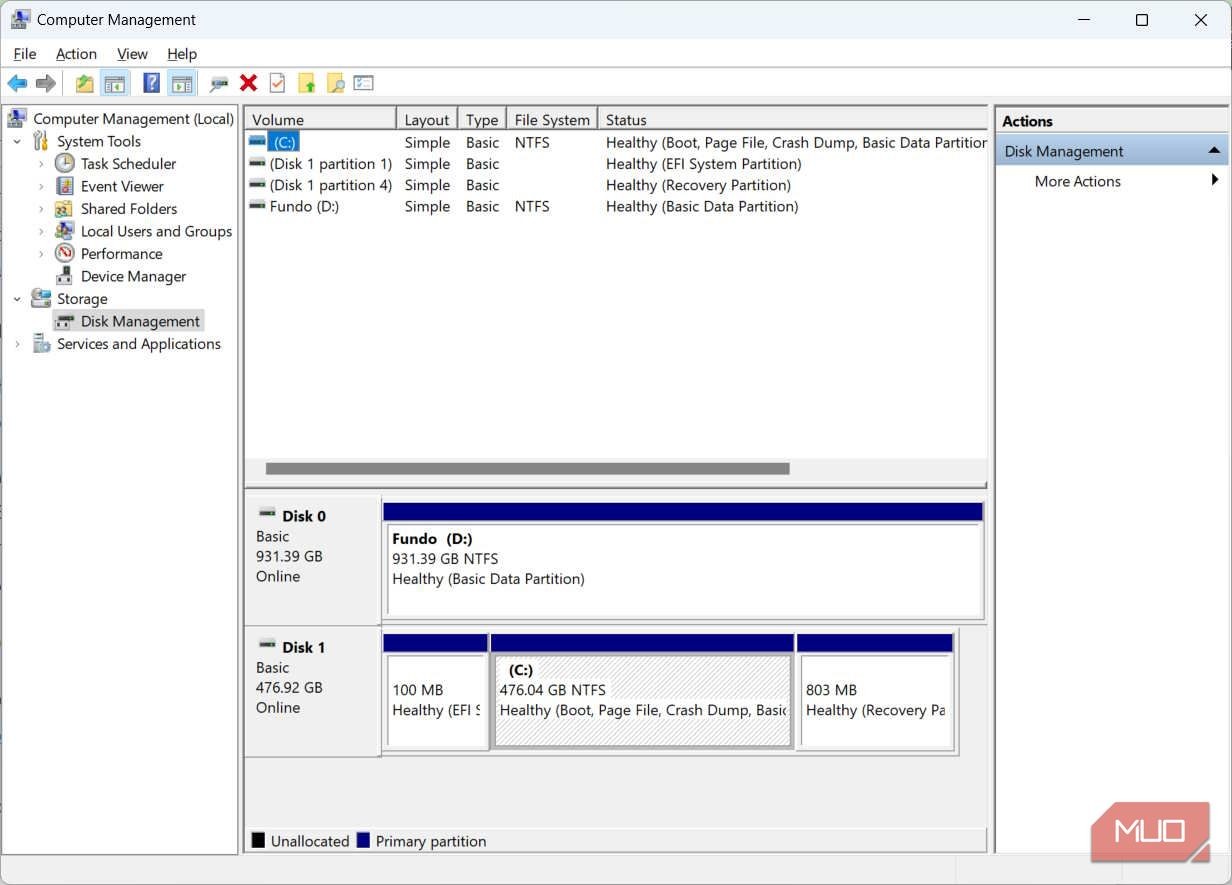 Tùy chọn Disk Management trong Computer Management