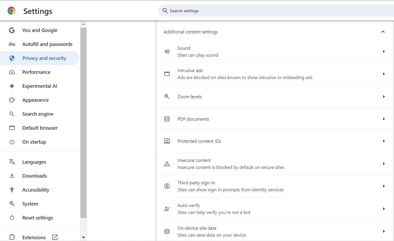 Tùy chọn Dữ liệu trang web trên thiết bị trong Cài đặt Chrome