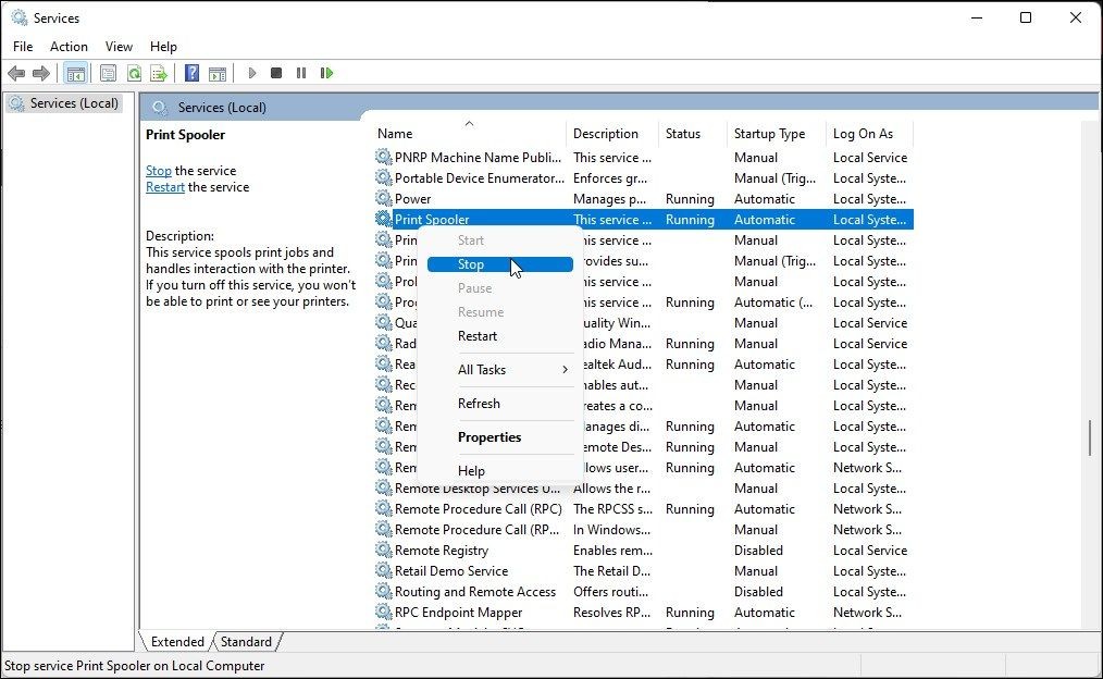 Tùy chọn dừng dịch vụ Print Spooler trên Services MMC Windows 11