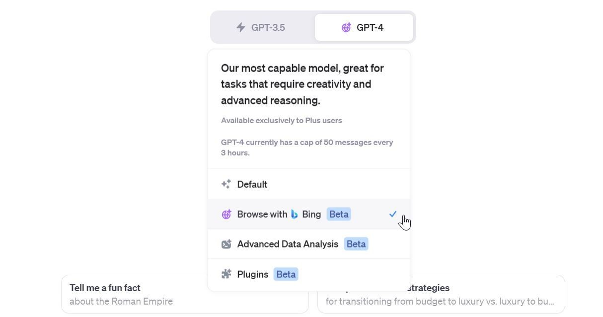 Tùy chọn duyệt web với Bing trên ChatGPT