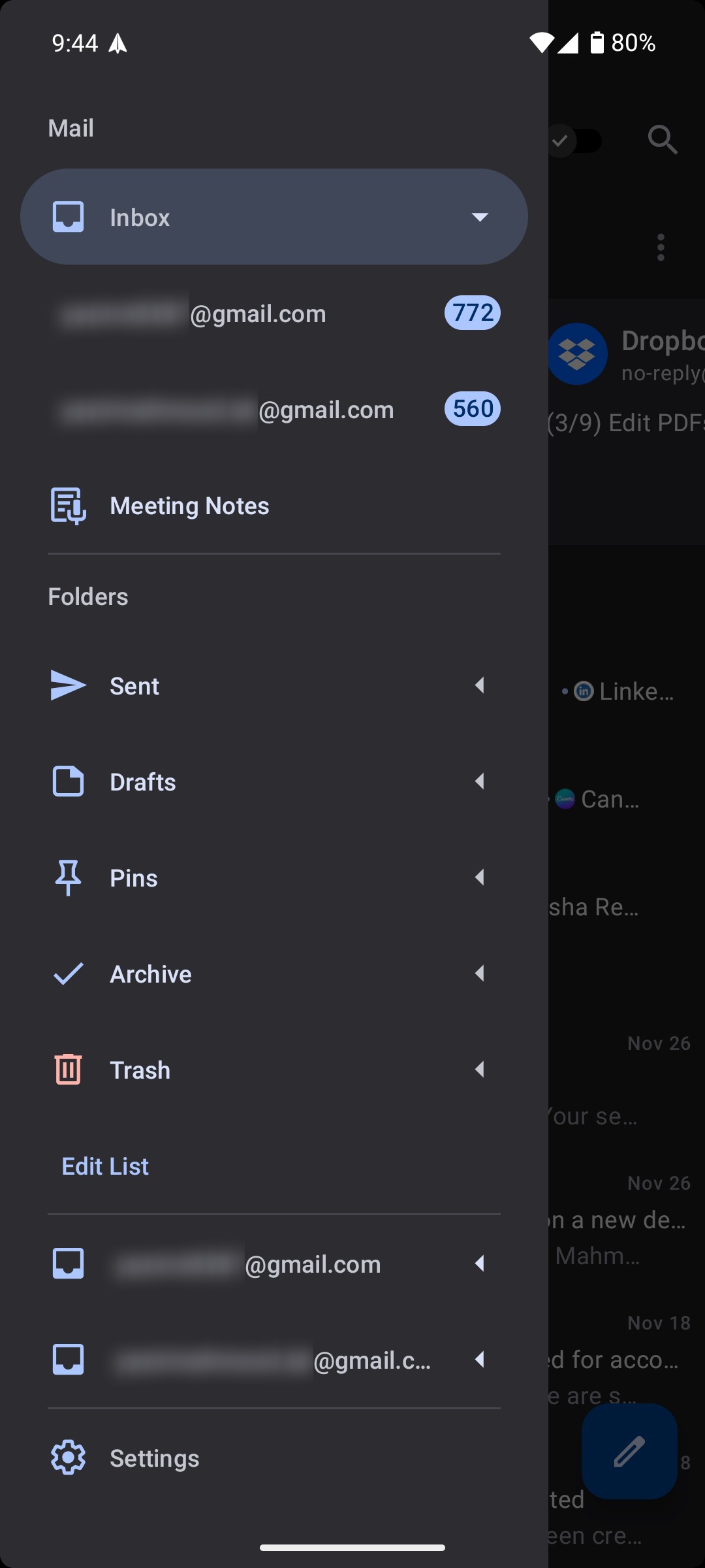 Tùy chọn ghi chú cuộc họp trong thanh bên của ứng dụng Spark Mail