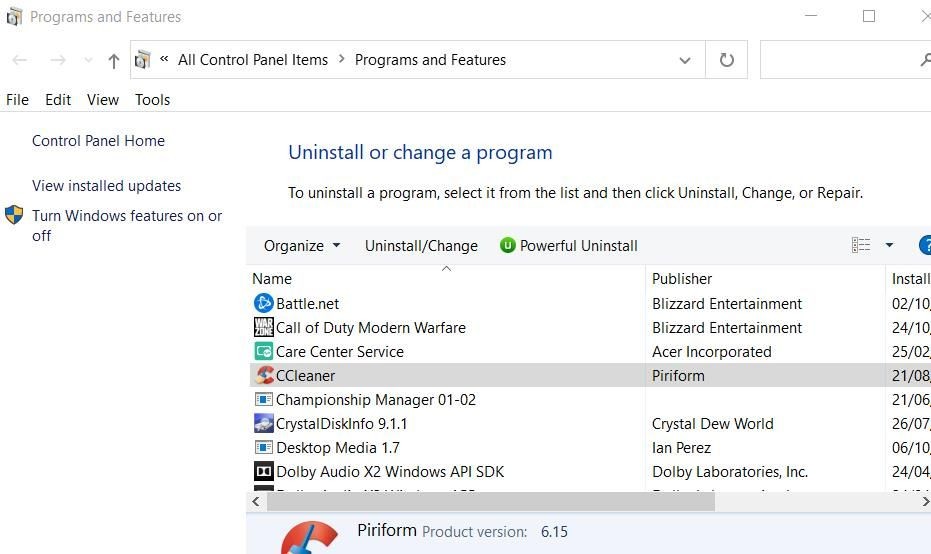 Tùy chọn Gỡ bỏ cài đặt cho CCleaner