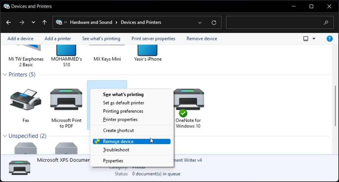 Tùy chọn gỡ bỏ máy in trên Control Panel Windows 11