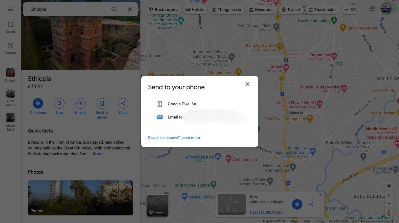 Tùy chọn gửi ghim Google Maps đến điện thoại