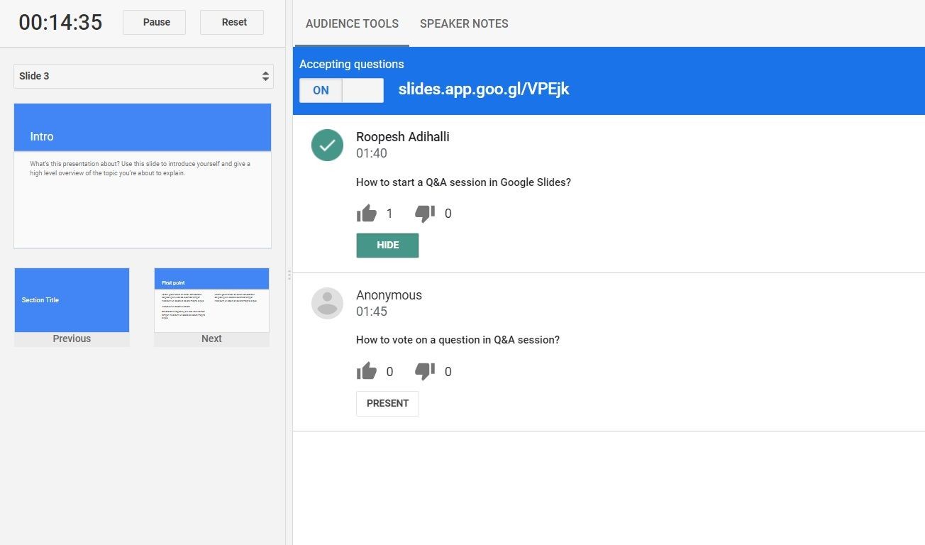 Tùy chọn Hide trong Audience Tools để ẩn câu hỏi