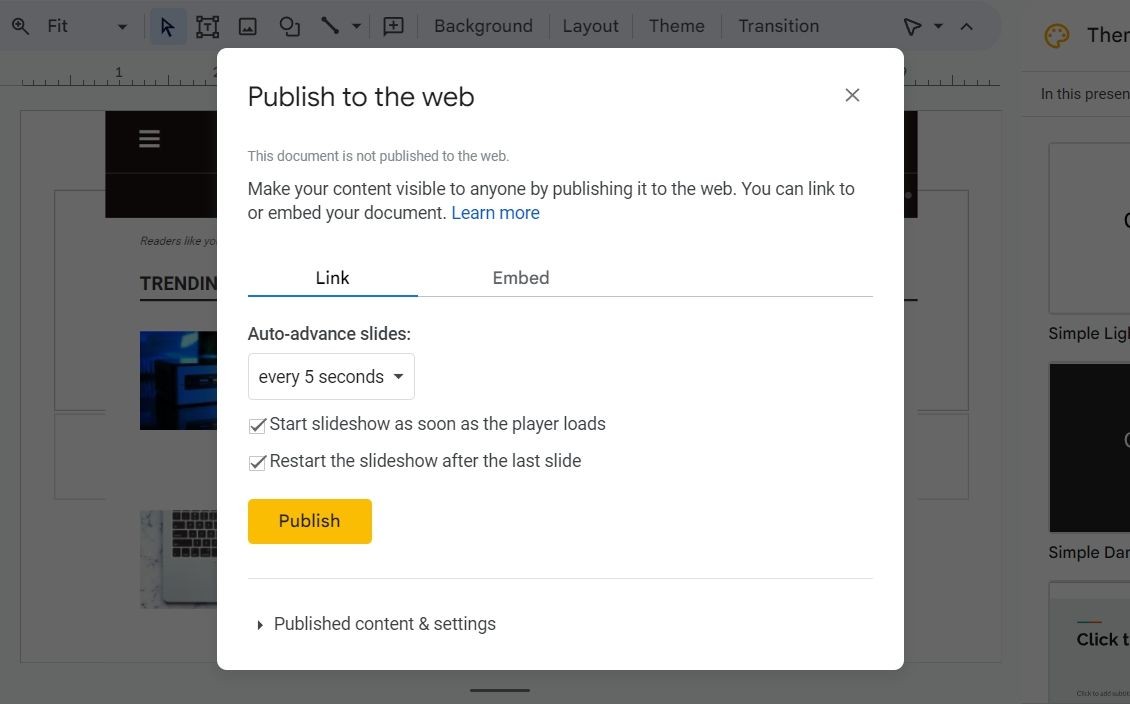 Tùy chọn khởi động lại trình chiếu sau trang cuối cùng trong Google Slides