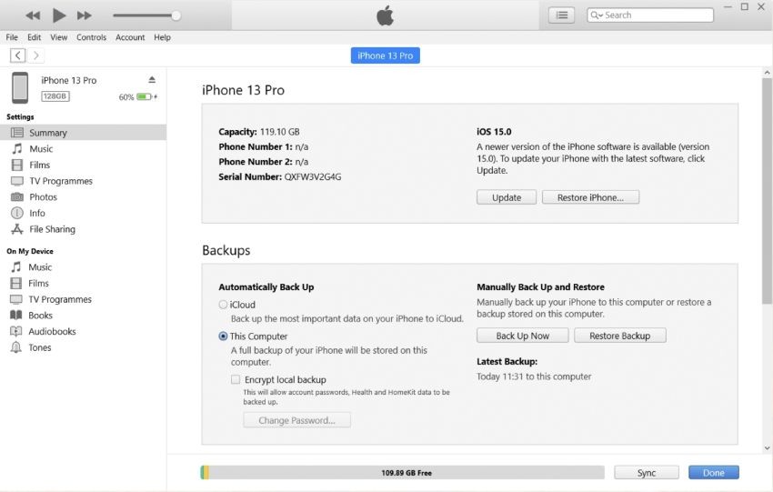 Tùy chọn Khôi phục iPhone trong iTunes
