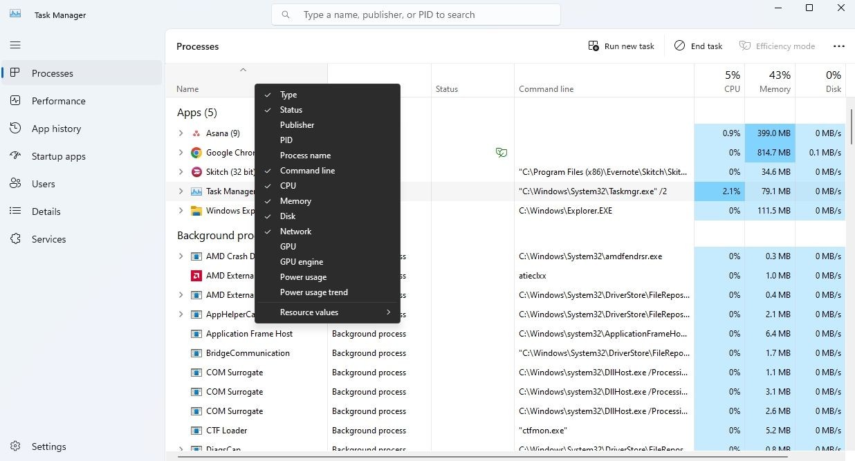 Tùy chọn kích hoạt dòng lệnh trong Task Manager