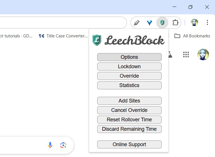 Tùy chọn LeechBlock trong Google Chrome