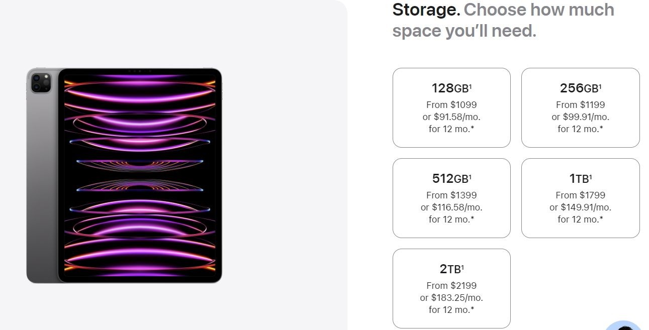 Tùy chọn lưu trữ của iPad Pro trên cửa hàng trực tuyến của Apple