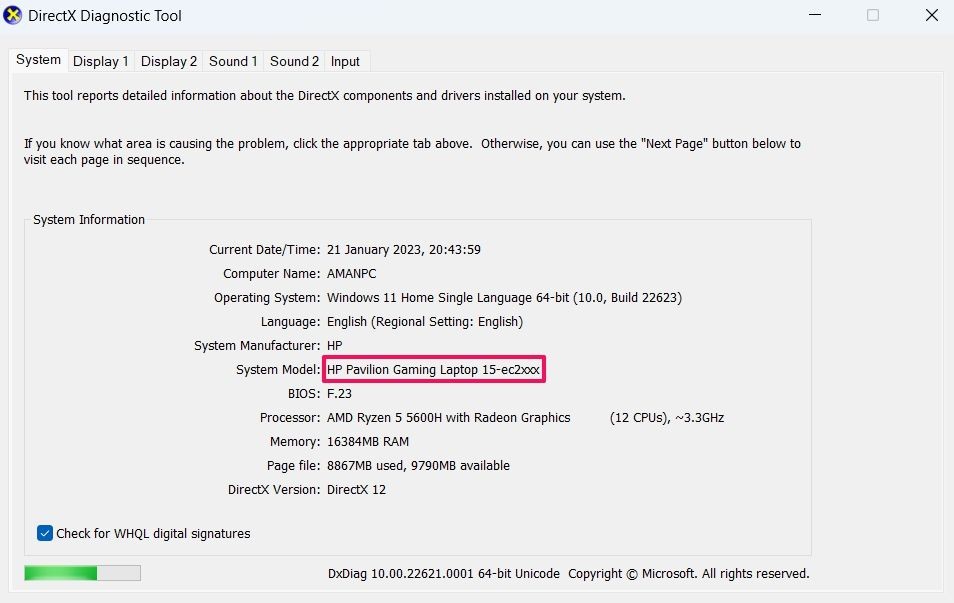 Tùy chọn Mẫu Hệ Thống trong Công cụ Chẩn Đoán DirectX