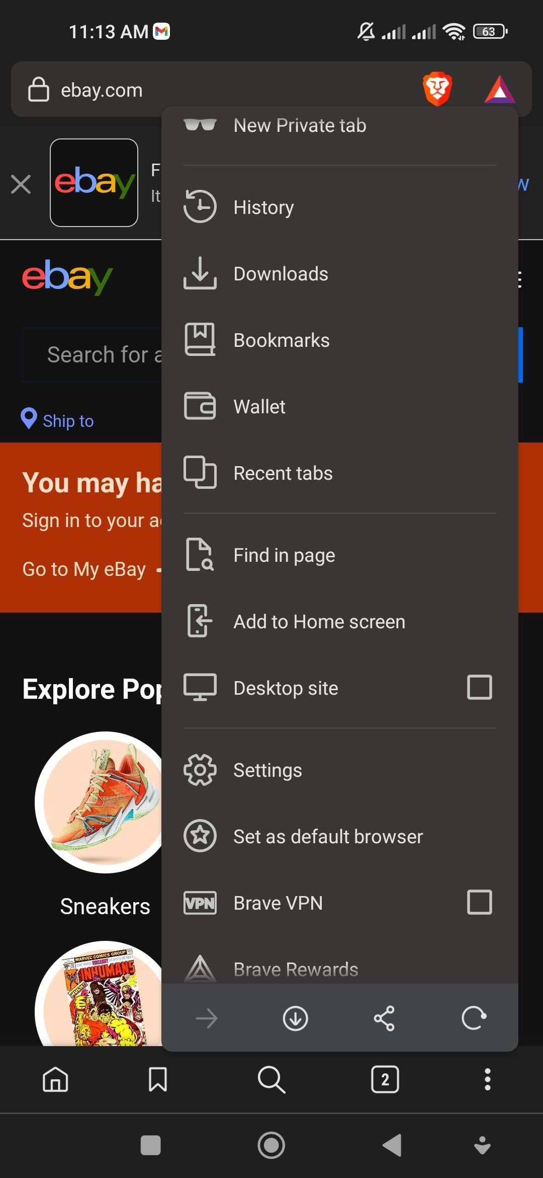 Tùy chọn menu của Brave