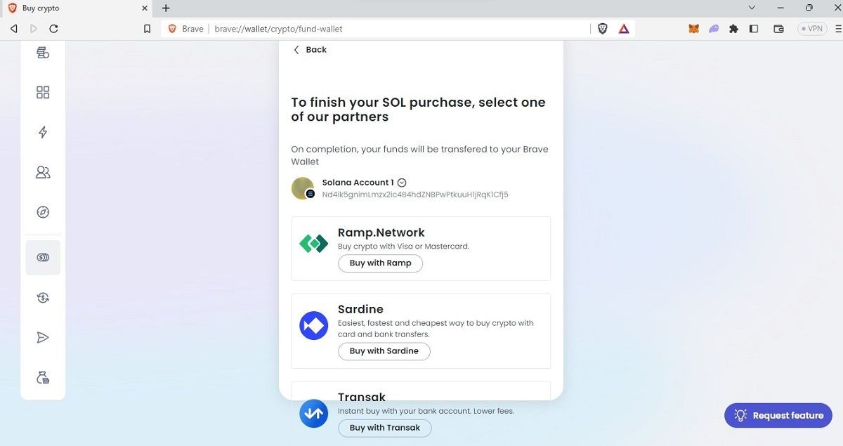 Tùy chọn mua tiền điện tử trong Ví Brave