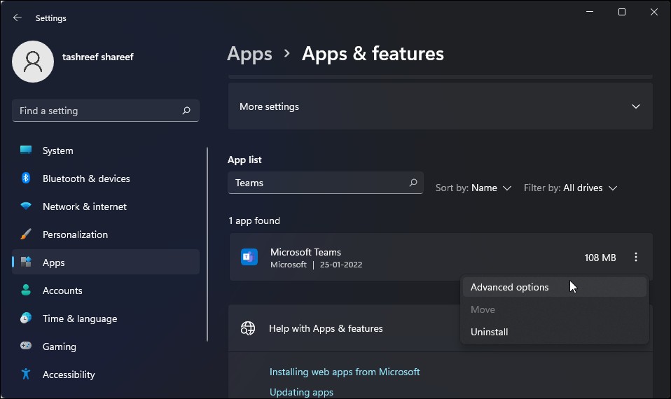 Tùy chọn nâng cao của ứng dụng Microsoft Teams