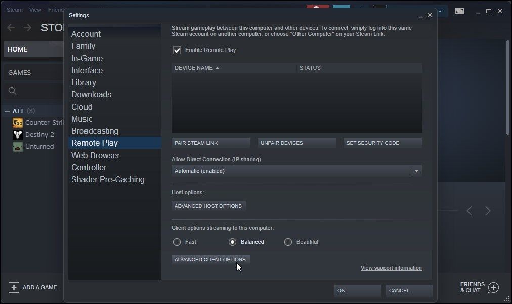 Tùy chọn nâng cao của ứng dụng Steam