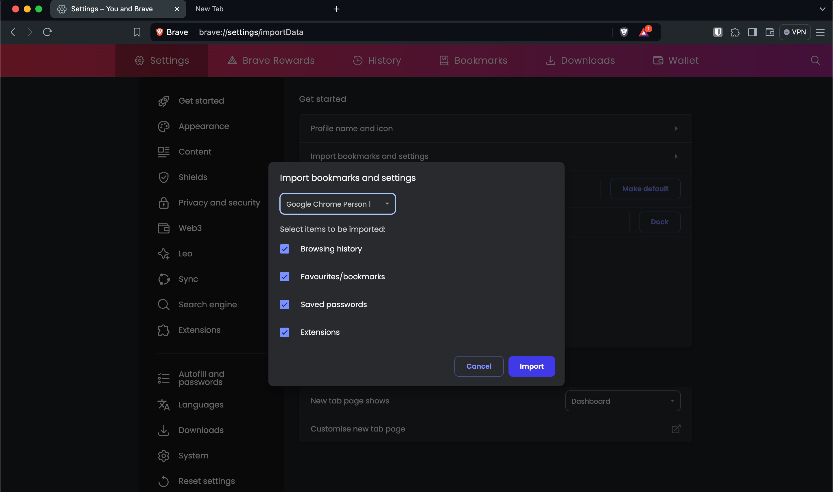 Tùy chọn nhập dữ liệu từ Chrome trong trình duyệt Brave