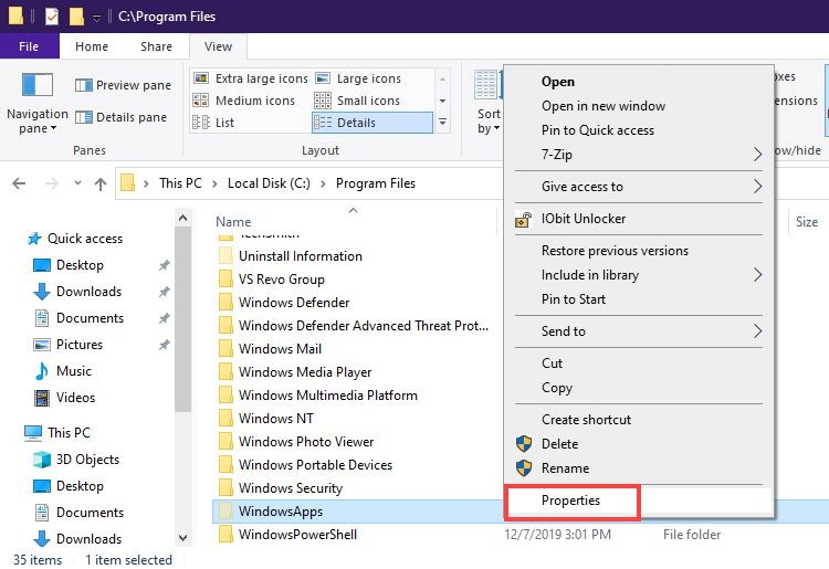 Tùy chọn Properties của WindowsApps
