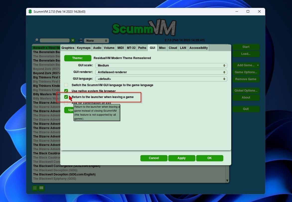 Tùy chọn quay lại launcher trong ScummVM