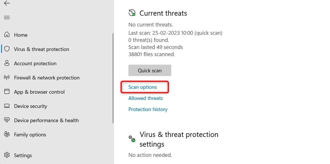 Tùy chọn quét trong Windows Security