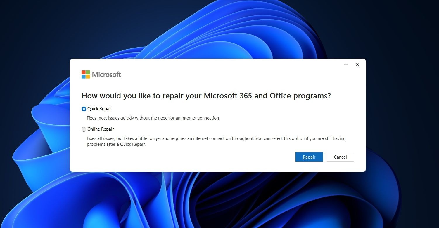 Tùy chọn Quick Repair của MS Excel