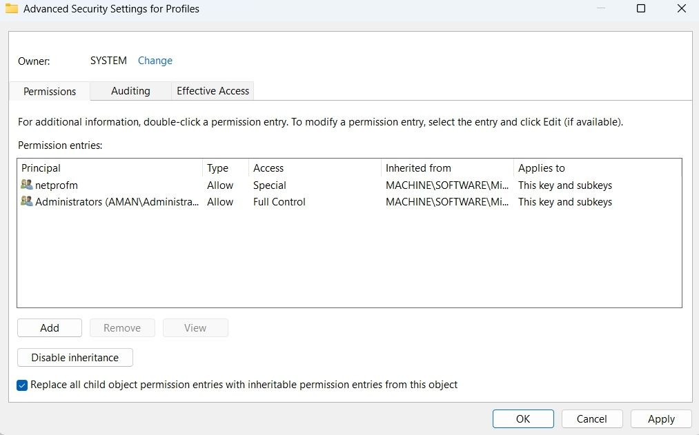 Tùy chọn Replace all child object permission entries with inheritable permissions entries from this object trong cửa sổ Permissions