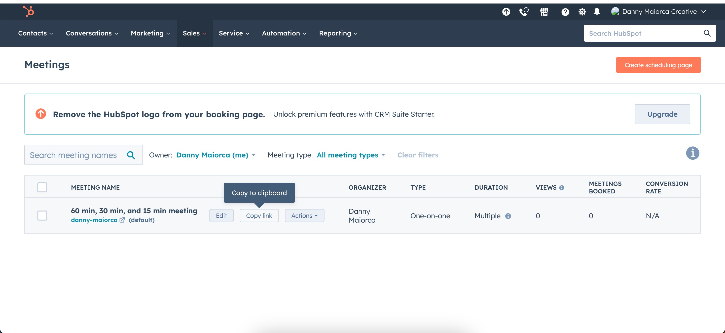 Tùy chọn sao chép liên kết cuộc họp HubSpot vào clipboard
