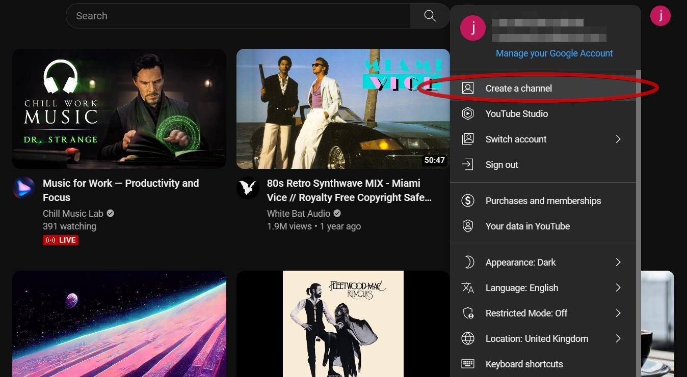Tùy chọn tạo kênh mới trên YouTube