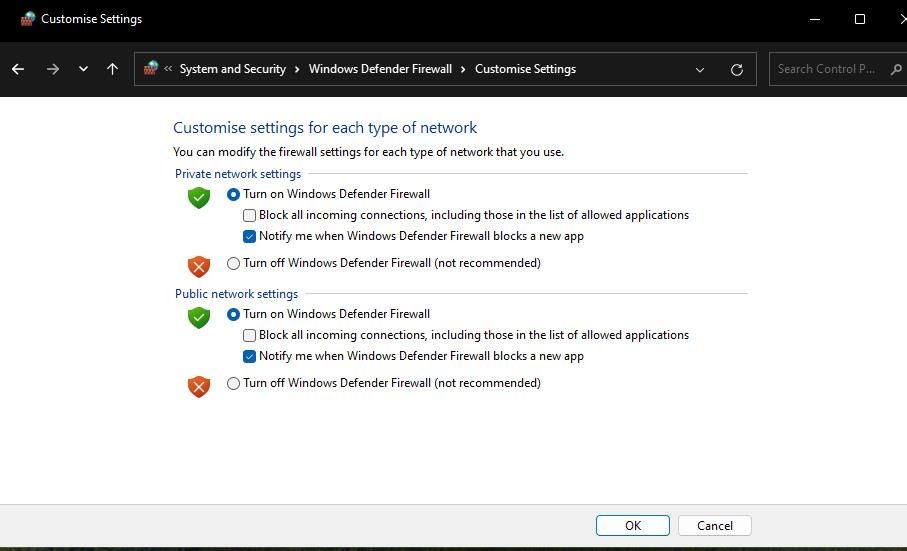 Tùy chọn Tắt tường lửa Windows Defender