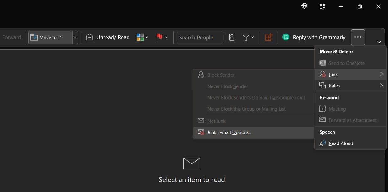 Tùy chọn Thư Rác trên ứng dụng Outlook