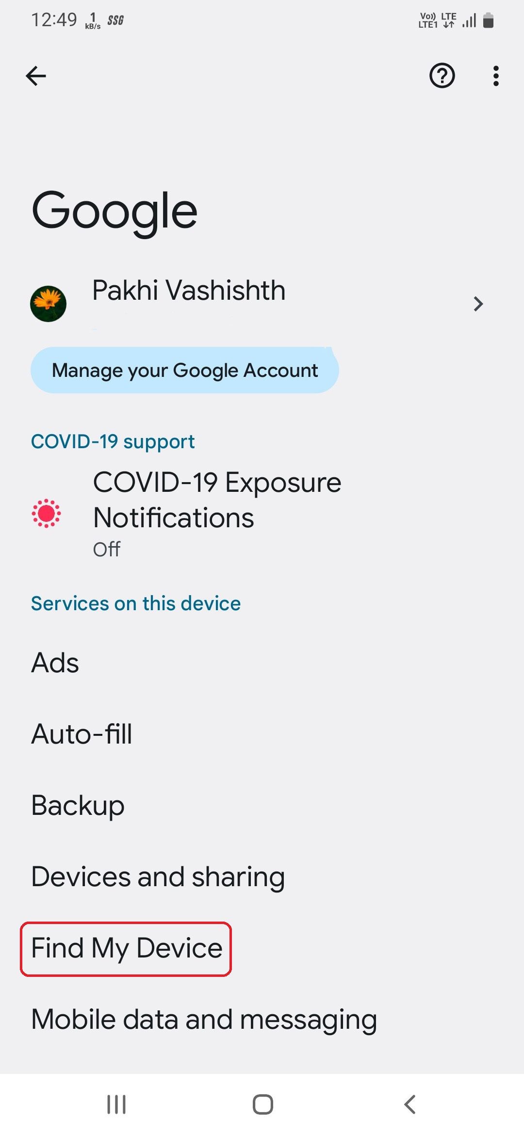 Tùy chọn Tìm Thiết Bị Của Tôi trong cài đặt Google