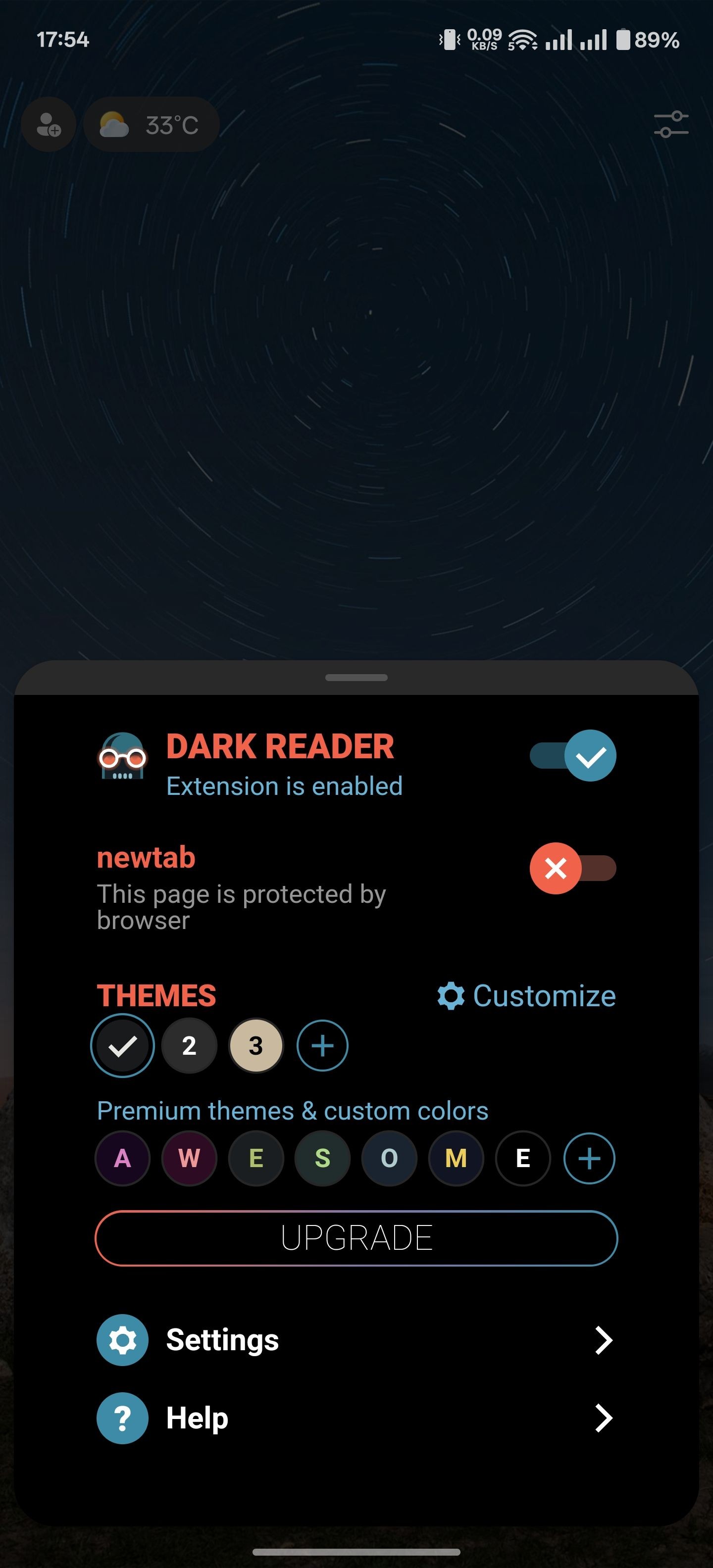 Tùy chọn tùy chỉnh cho tiện ích Dark Reader trong Edge cho Android