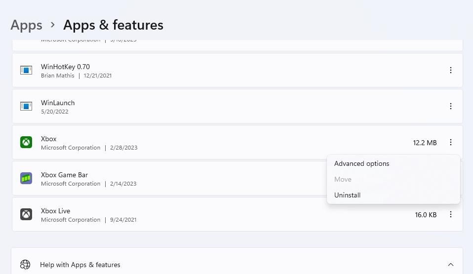 Tùy chọn Uninstall cho ứng dụng Xbox