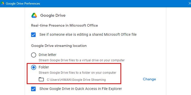 Tùy chọn vị trí streaming của Google Drive