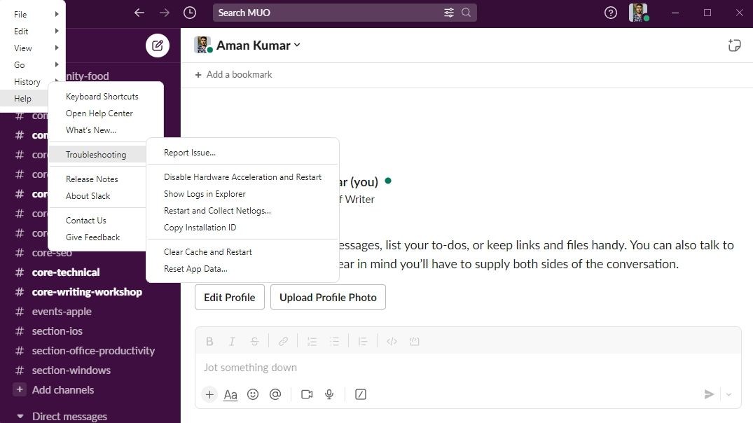 Tùy chọn xóa bộ nhớ đệm và khởi động lại trong Slack