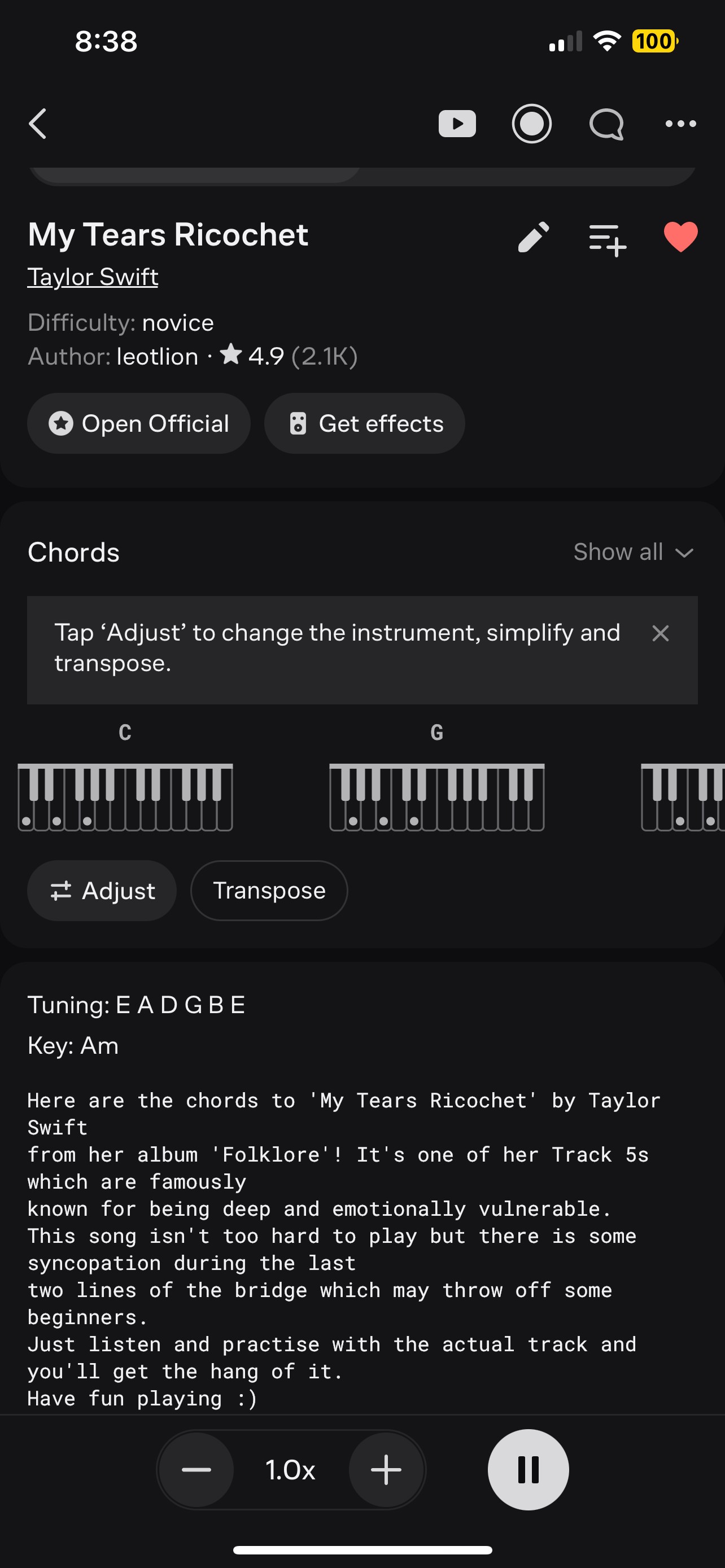 Ultimate Guitar auto scroll on My Tears Ricochet tab by Taylor Swift
