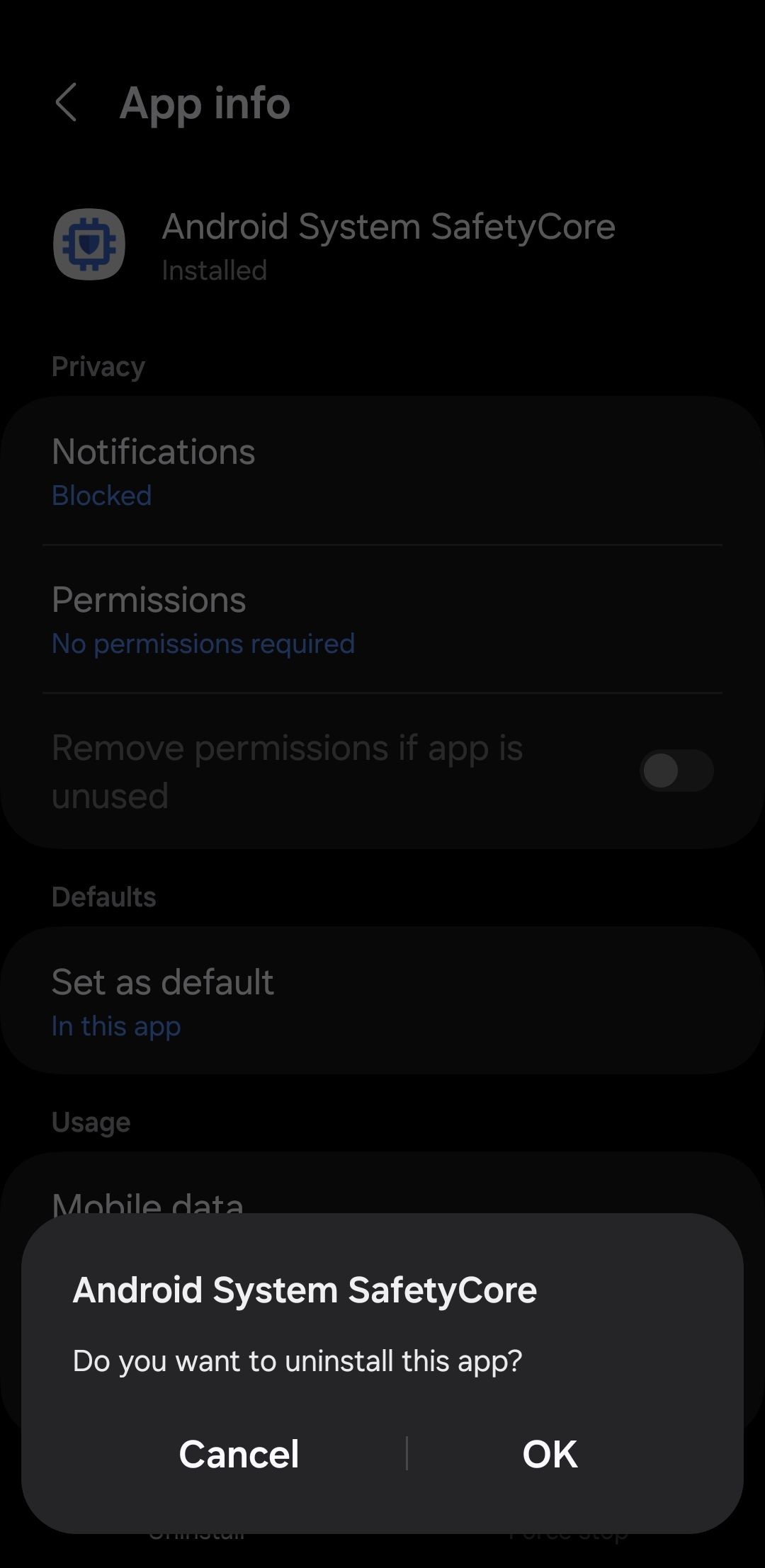 Ứng dụng Android System SafetyCore hiển thị tùy chọn gỡ bỏ cài đặt trên Android