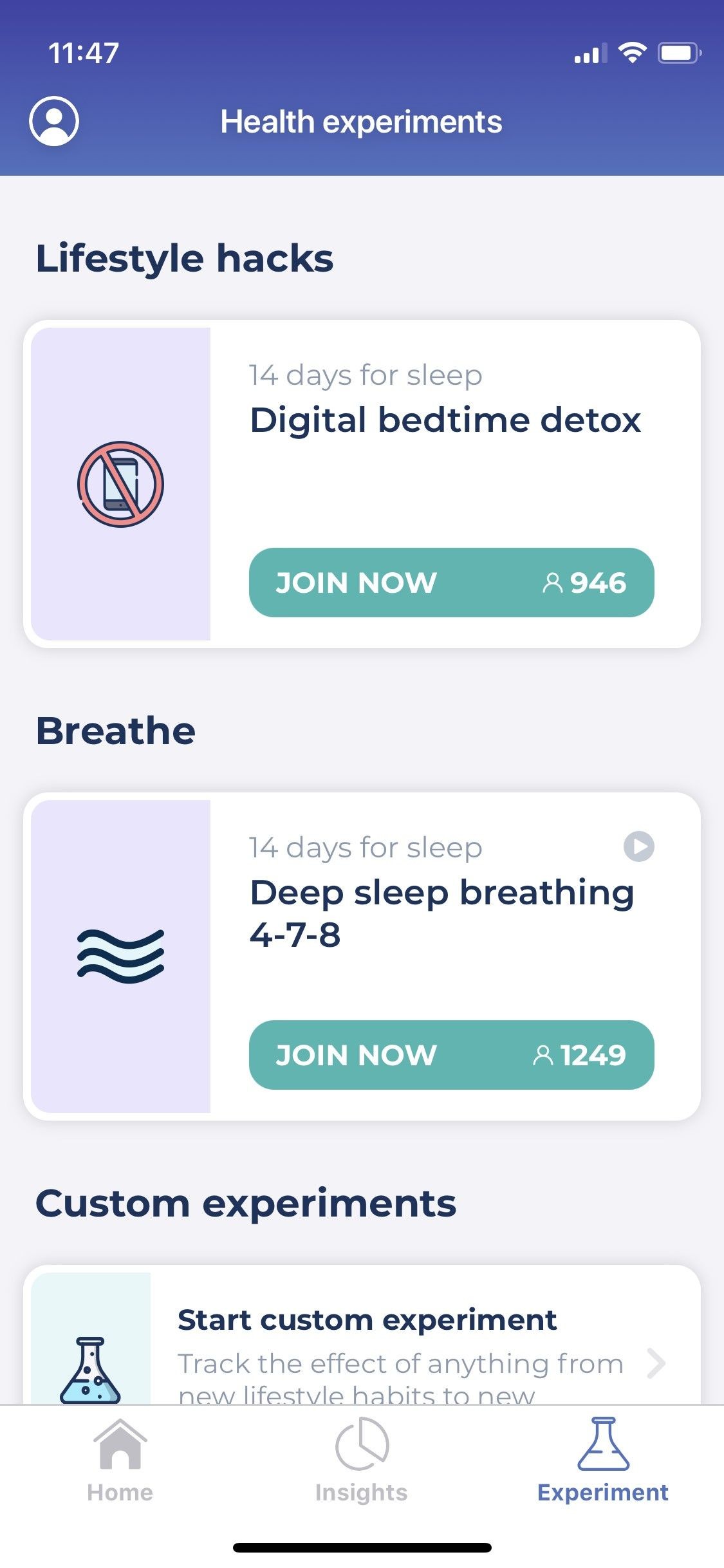 Ứng dụng Bearable - ảnh chụp màn hình các thí nghiệm sức khỏe