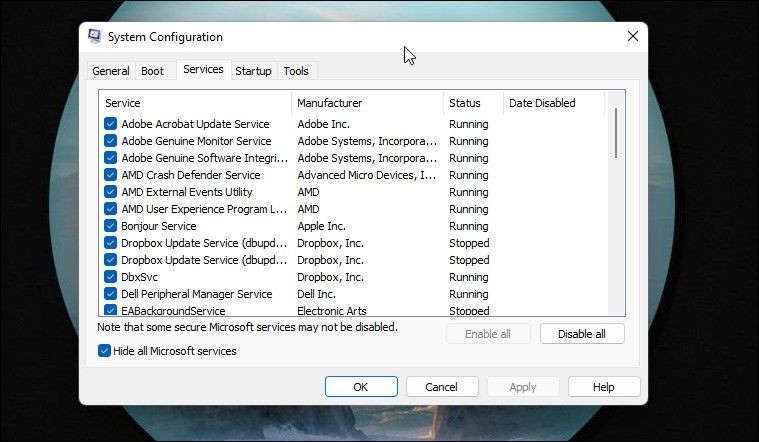 Ứng dụng Cấu hình Hệ thống Windows 11 hiển thị tùy chọn Ẩn tất cả dịch vụ của Microsoft