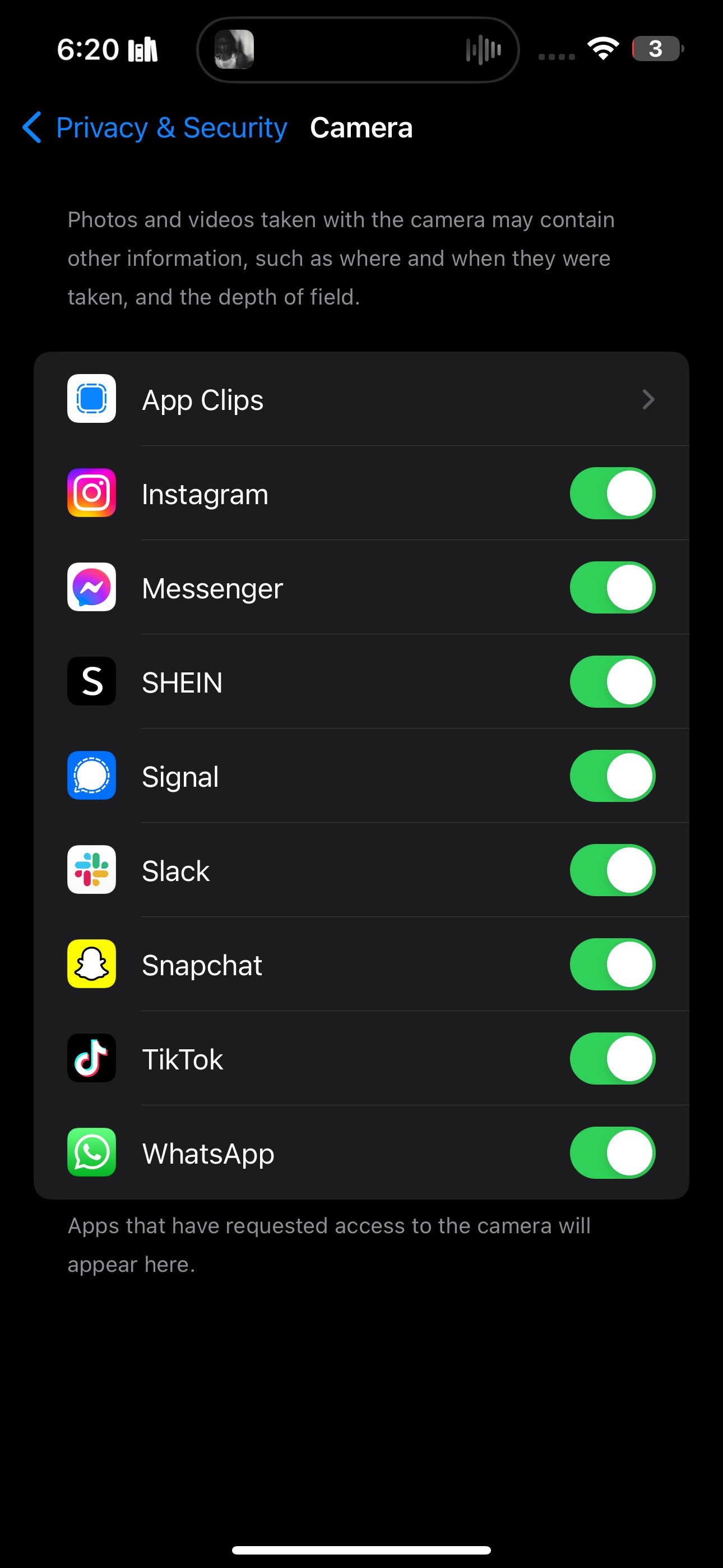 Ứng dụng có quyền truy cập vào camera của iPhone