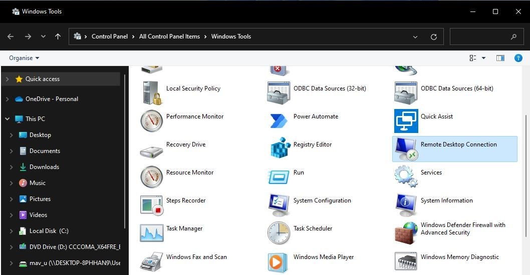 Ứng dụng Kết Nối Máy Tính Từ Xa trong thư mục Windows Tools