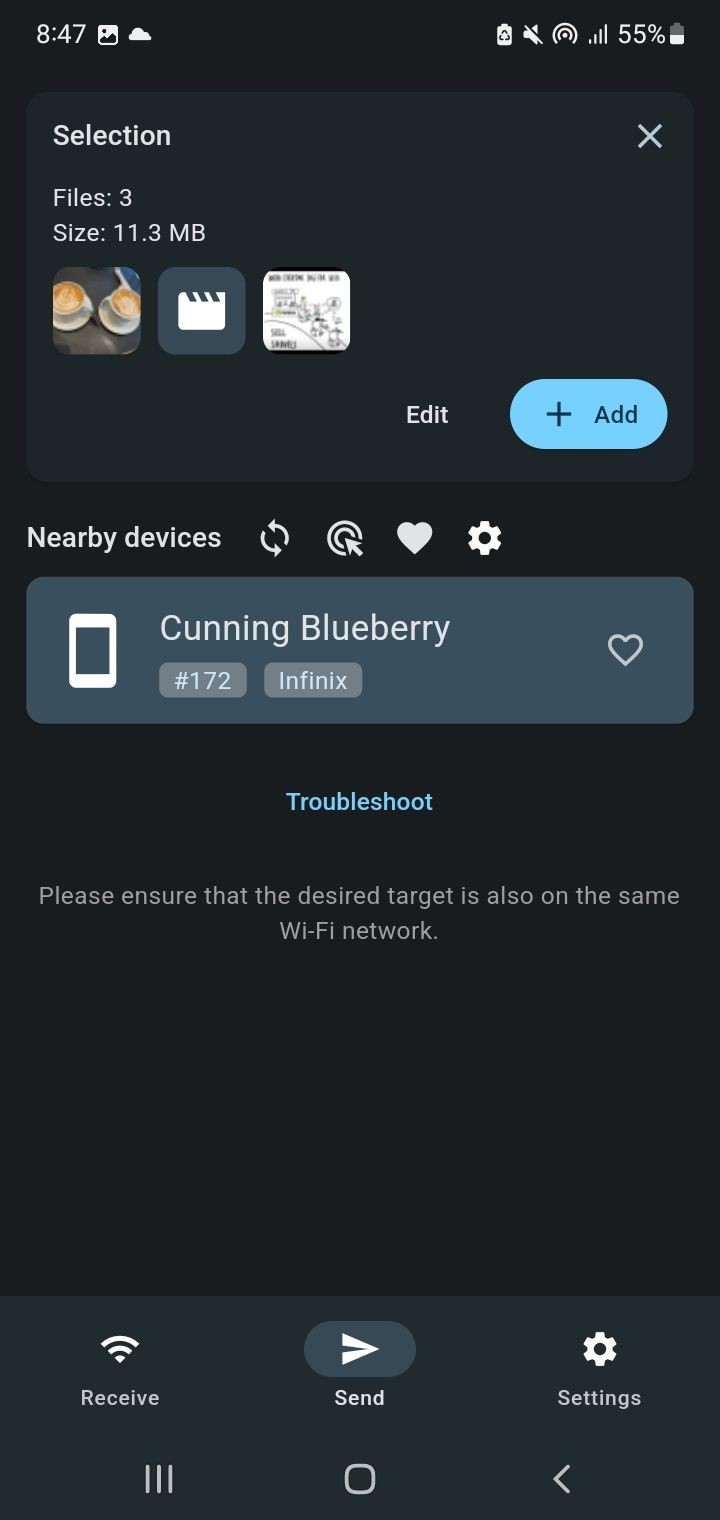 Ứng dụng LocalSend hiển thị các file đã chọn
