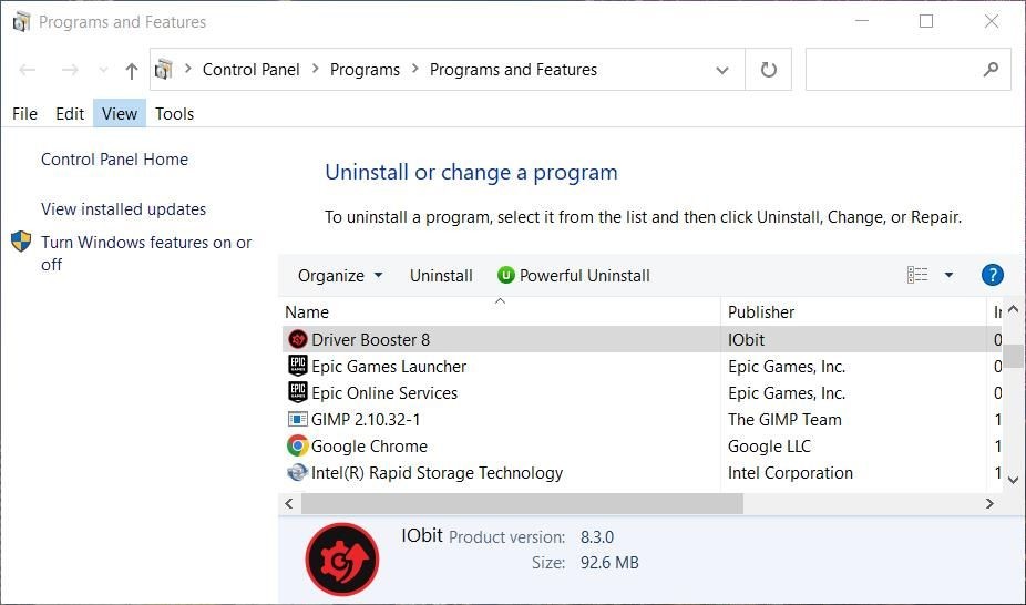 Ứng dụng Programs and Features
