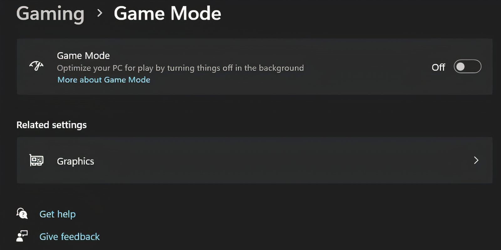 Ứng dụng Settings với tùy chọn Game Mode tắt